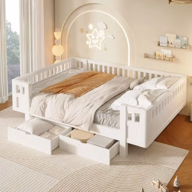 Letto per bambini 140 × 200 cm con barriera alta e 2 cassetti, senza materasso, in pino e MDF, bianco