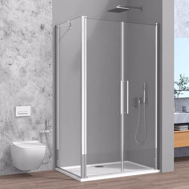 Box doccia angolare 70x80 con apertura saloon e profili cromati Neos