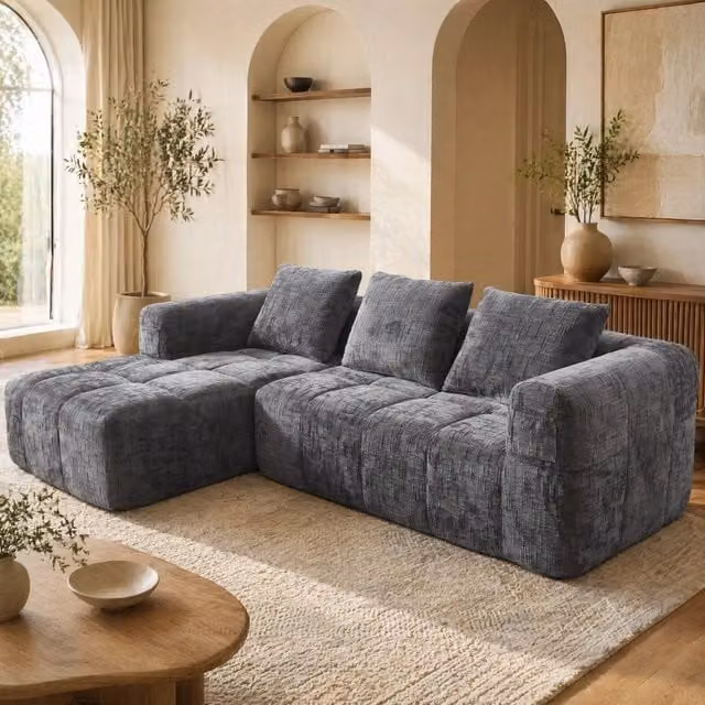 Divano angolare moderno in tessuto grigio con cuscini inclusi e coperture rimovibili L 250 x P 158 x H 60 cm