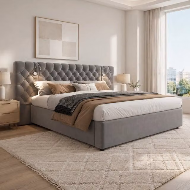 Letto 160x200 cm con contenitore idraulico, luce da lettura e rivestimento in velluto grigio