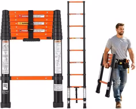 VEVOR Scala Telescopica 263 cm in Alluminio Portata 150 kg Arancione e Nera, Scala Telescopica Retrattile, Chiusura a un Pulsante, Gradini Antiscivolo, per Casa, Pittura, Pulizia Finestre e Camper