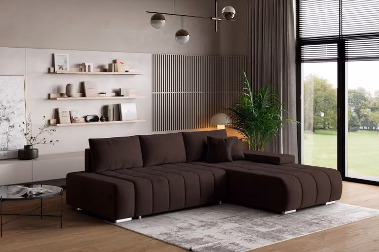 Divano angolare Masseno ALESE R-S con funzione letto a L, divano con box letto, divano da soggiorno, divano, divano letto, set di divani - marrone, MONOLITH 29