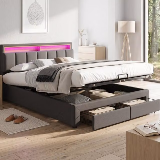 Letto imbottito 180x200 cm con illuminazione LED; rete a doghe; lino; grigio scuro
