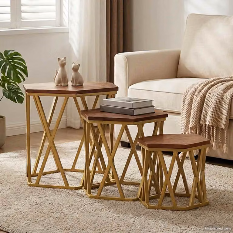 Tavolino da salotto moderno vidaXL in legno di mango e metallo, Marrone e Oro, L/P/H: 55 x 55 x 50 cm