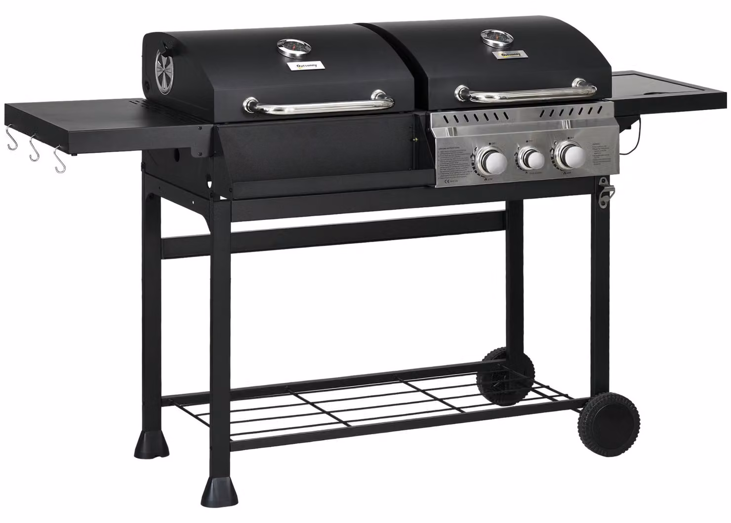 Barbecue a gas, con termometro e piastre di mantenimento del calore, 161 x 54 x 103 cm, nero + argento