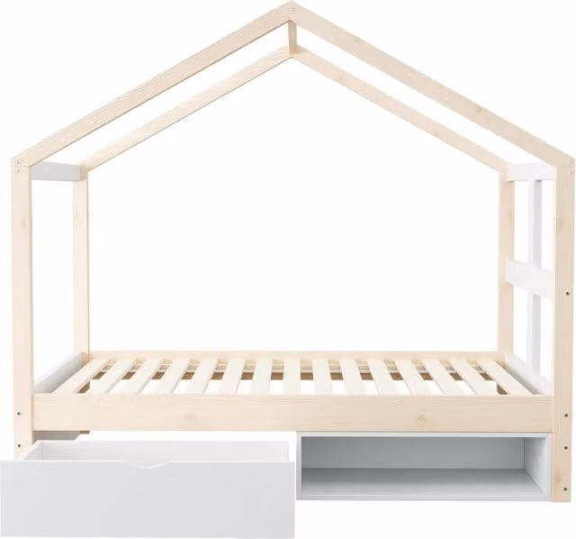 Letto singolo in legno con cassetti, scarpiera e illuminazione LED, colore bianco e naturale, L/P/H: 195 x 90 x 37,25 cm