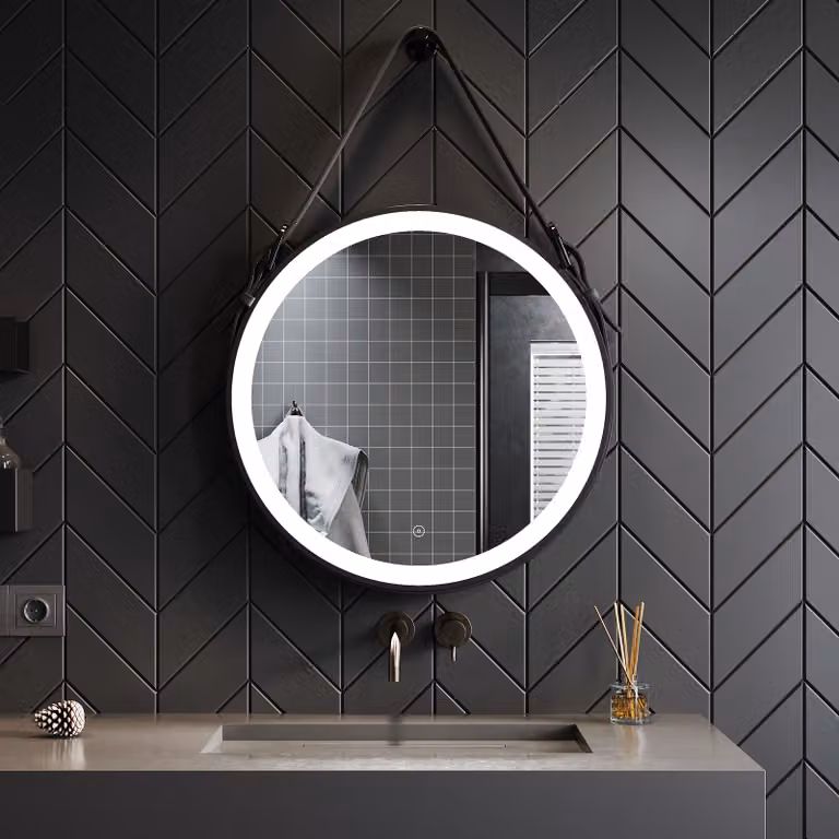 SONNI Specchio da bagno rotondo Ø 60 cm con illuminazione a LED Interruttore a sfioramento Specchio rotondo con funzione antiappannamento Luce bianca fredda Sospensione a cinghia