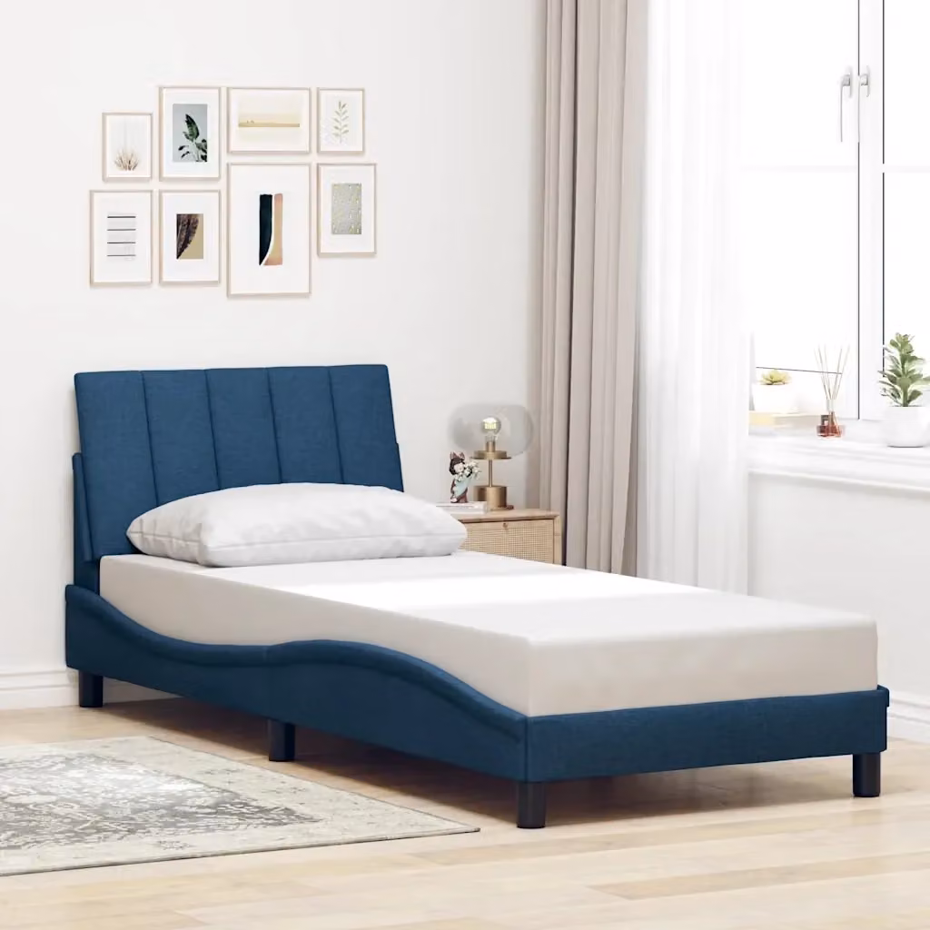 Letto singolo Hanko blu in tessuto con struttura imbottita e doghe in legno L/P/H: 200 x 90 x 74,5 cm – 2