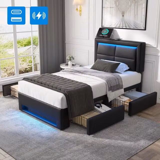 Letto imbottito singolo 90x200 cm con ricarica wireless e USB, luci LED e 4 cassetti, rivestimento in PU effetto similpelle, nero, senza materasso