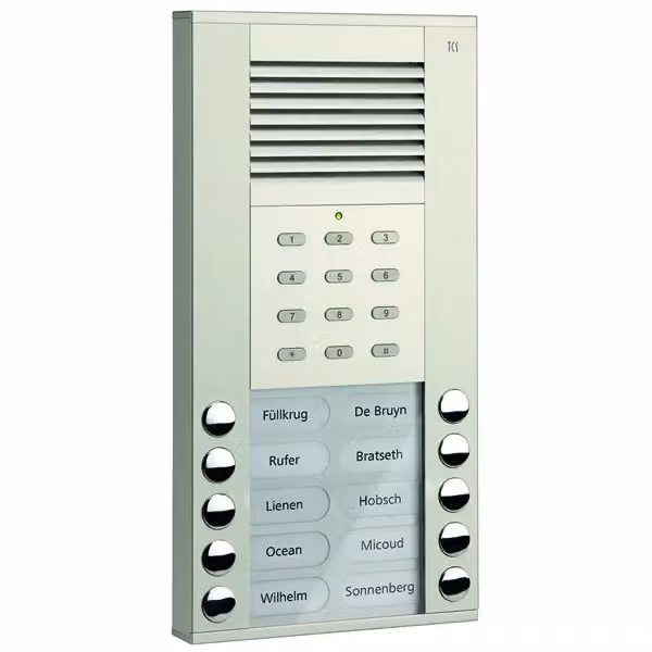 Pulsante di campanello per postazione esterna serie ASE 10 (allineato a destra/sinistra) con serratura a codice integrata, finitura argento AP TCS ASE51100-0010