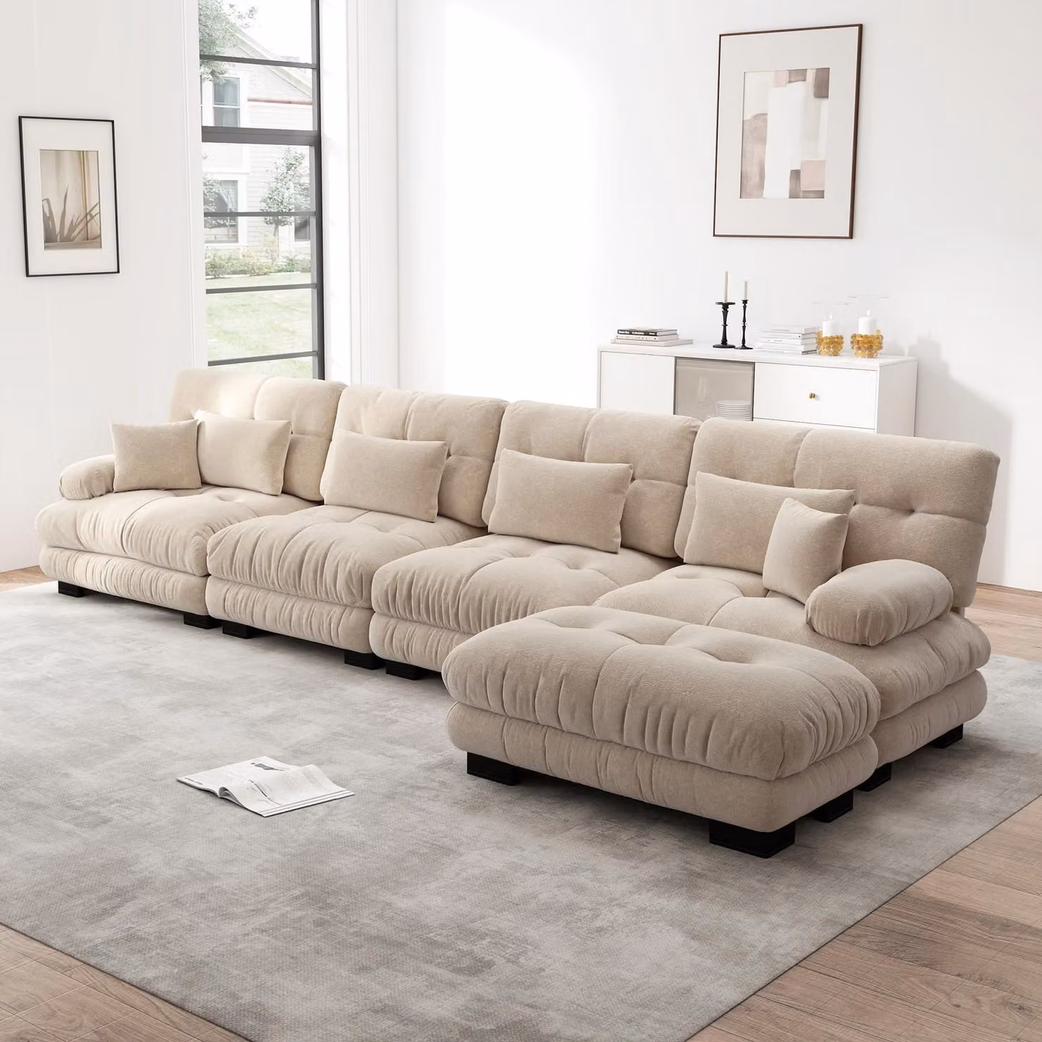 Divano angolare modulare a 4 posti, modello "Cloud", poggiapiedi mobile, combinazione personalizzabile, tessuto in chenille (color caffè chiaro)