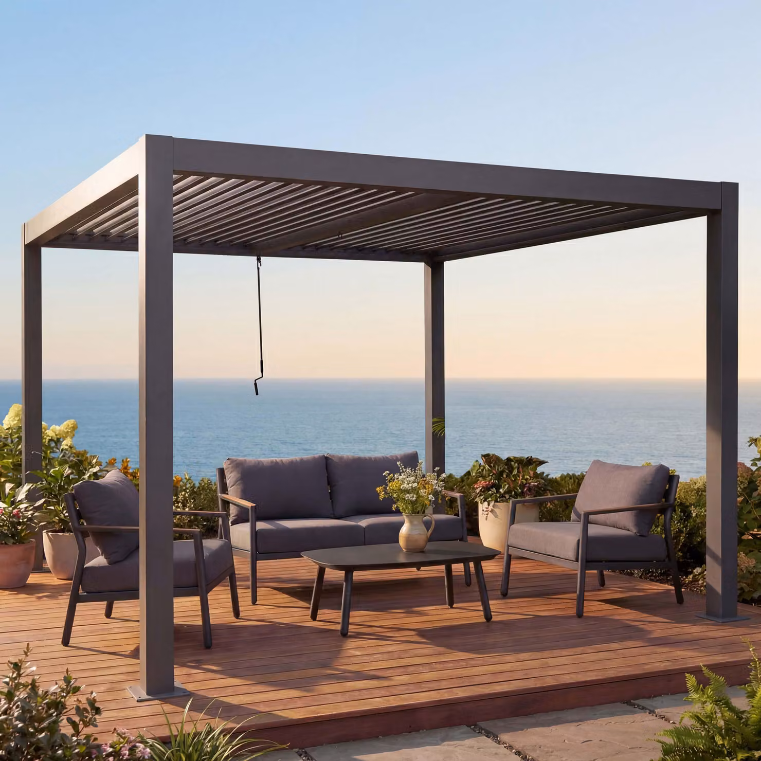 Pergola HWC-L46, padiglione da giardino a doghe, telaio in alluminio da 10 cm, grondaia antipioggia, 3x4 m ~ antracite