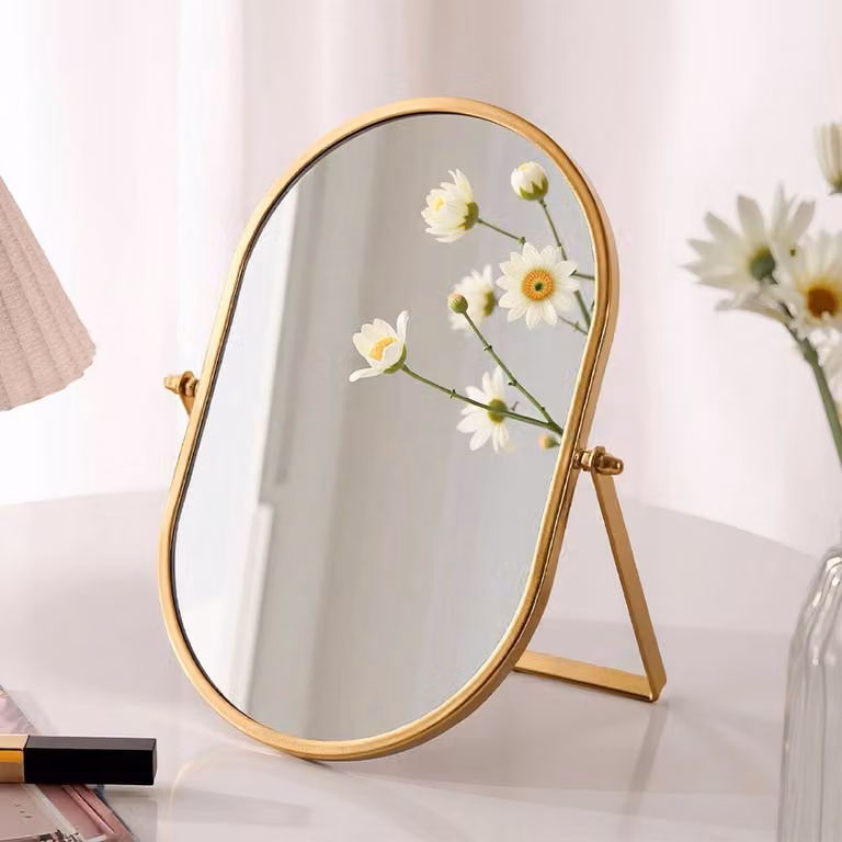 Specchio da trucco con angolo di inclinazione regolabile - Forma ovale - Portatile - Pieghevole - Finitura lucida - Supporto in metallo - Specchio da tavolo