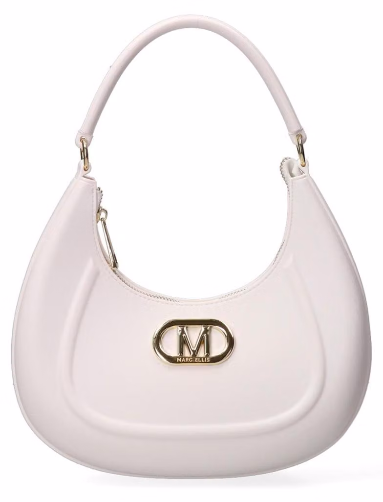 Borsa a tracolla da donna, marca Marc Ellis, in poliuretano, color beige e oro, con tracolla regolabile