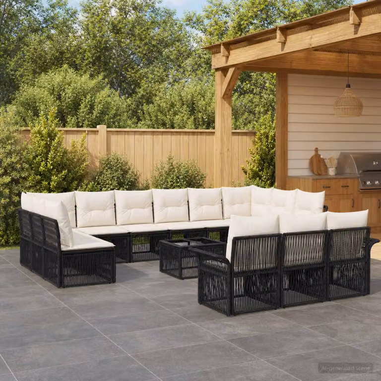 Set Divano da Giardino vidaXL a forma a U in Polyrattan Nero con Cuscini e Tavolino da Caffè