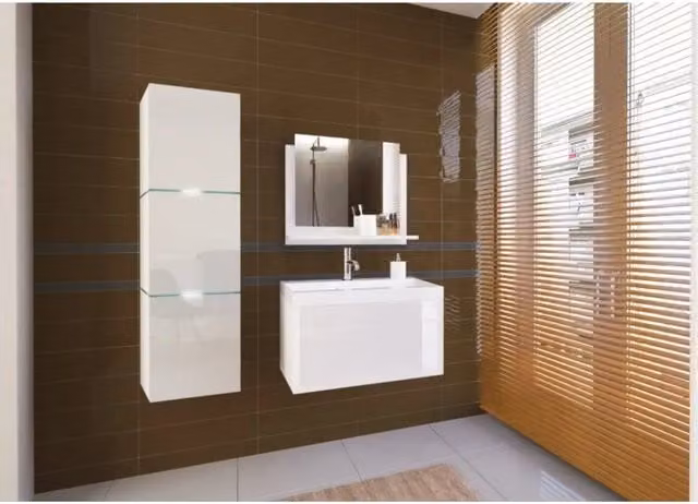 Set 4 mobili da bagno bianchi collezione OWL. Colonna, mobile sottolavabo, lavabo 80cm