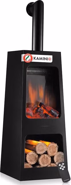 KAMINIO Caminetto elettrico da giardino con tubo KAI L - Stufa de terrazzo elettrico con riscaldamento, effetto fiamma 3D, luce ambiente a LED, scomparto de legno, telecomando - Large, Nero