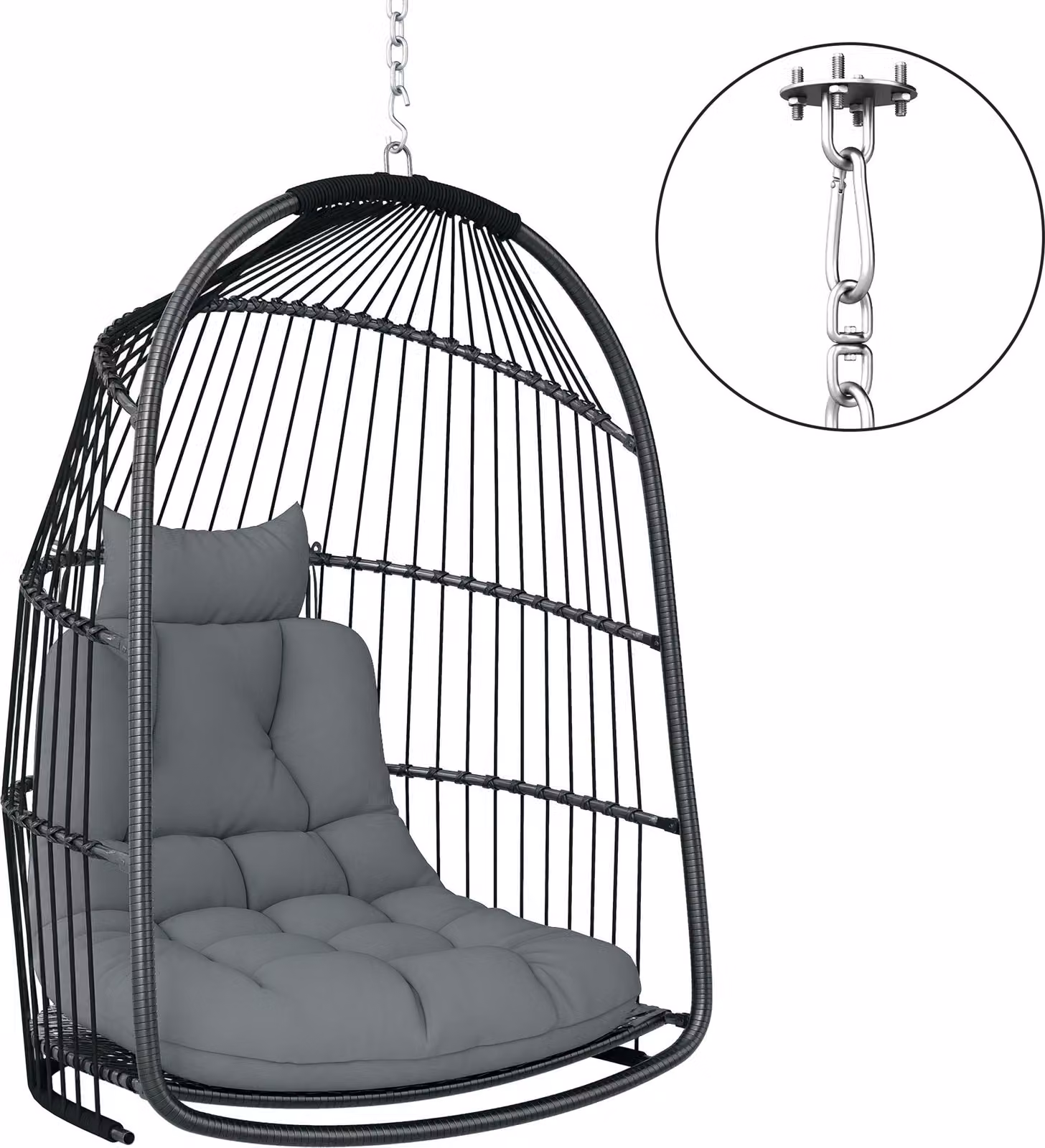 Poltrona sospesa, cesto sospeso con cuscini, in polyrattan, dondolante, per esterni e interni, pieghevole, portata fino a 150 kg, grigio scuro