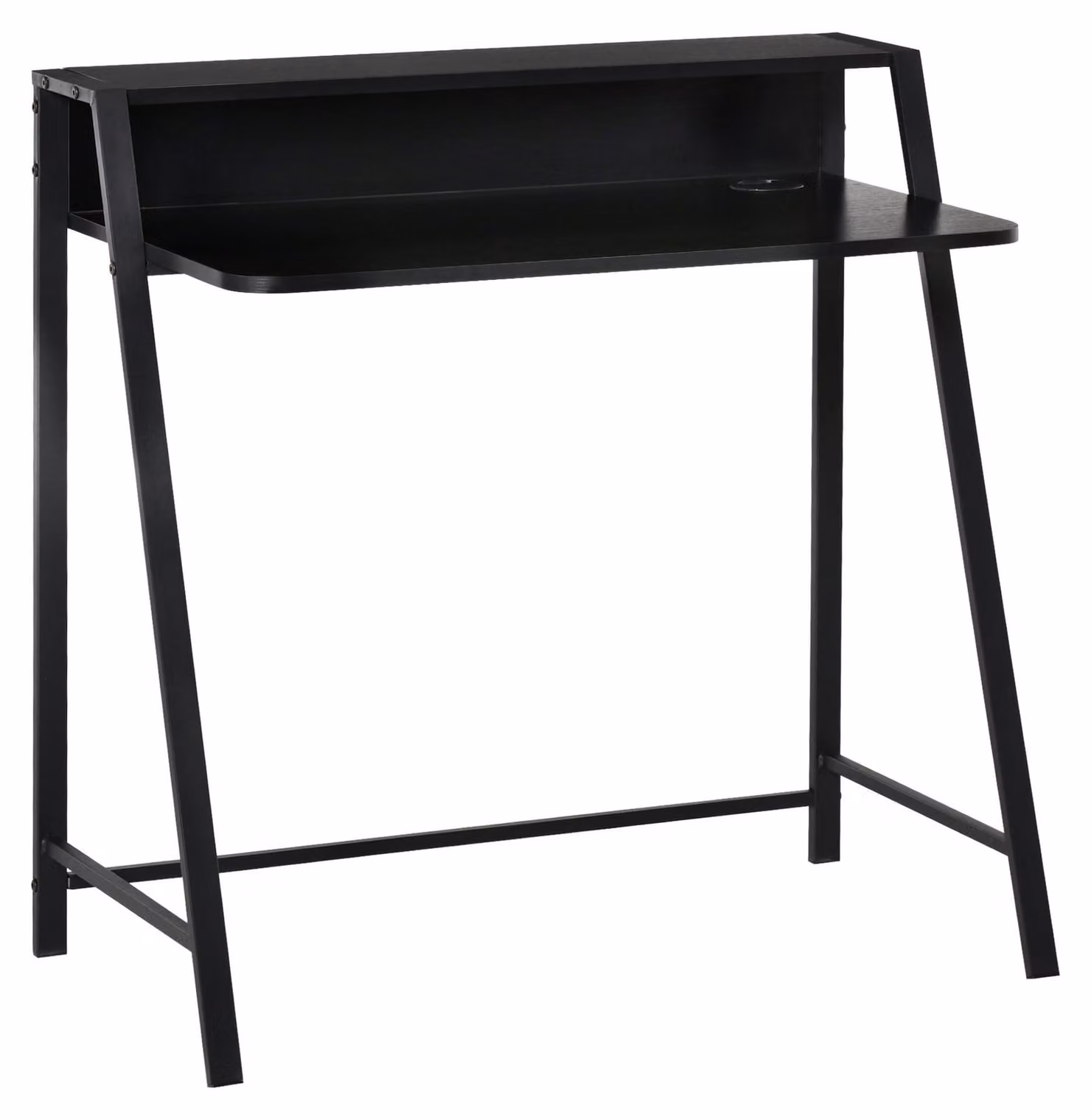 Scrivania Moonbite, dimensioni 84 x 45 x 85 cm, con ripiano portaoggetti e passacavo, altezza di lavoro 71,5 cm, realizzata in pannello MDF e con struttura in metallo, colore nero