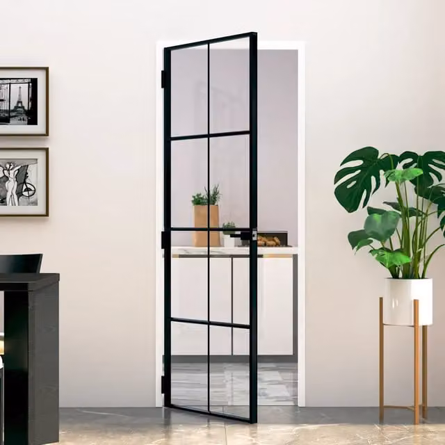 Porta Interna Reversibile vidaXL in Alluminio e Vetro Temperato Trasparente, Colore Nero, L: 76 cm, H: 201,5 cm