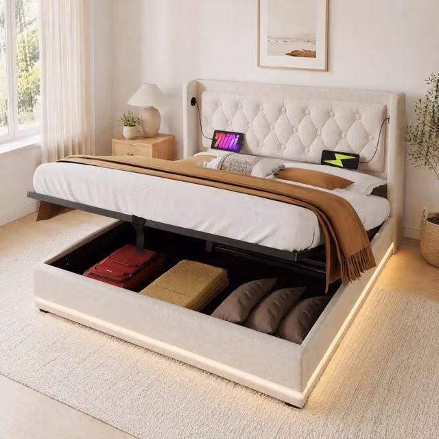 Letto matrimoniale imbottito MODFU beige con contenitore a sollevamento, porte USB e illuminazione LED, L/P: 140 x 200 cm