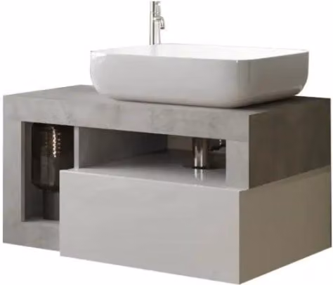 Mobile da bagno sospeso con lavabo e 1 cassetto, lunghezza 79cm, collezione BURA, colori bianco lucido e cemento