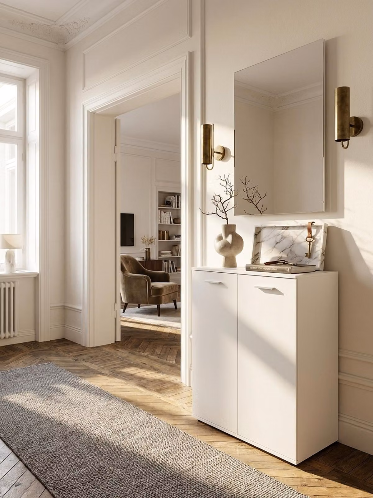 Comò con 2 ante 71x104x35 cm Armadio multiuso in legno bianco, armadio da ingresso moderno chiaro, armadio piccolo, credenza opaca, comò, mobili da ingresso