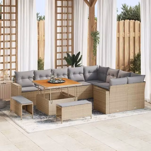 Set Divano da Giardino Moderno vidaXL a Forma a U con 13 Pezzi, Colore Grigio o Beige, Struttura in Acciaio Verniciato a Polvere e Cuscini Inclusi