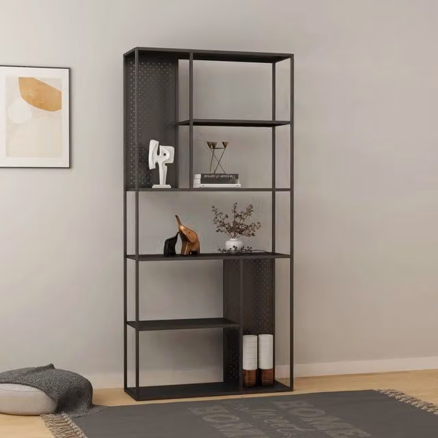 Scaffale da terra Vehmaa en.casa in metallo nero opaco H: 188 cm, L: 90 cm, P: 30 cm – 1