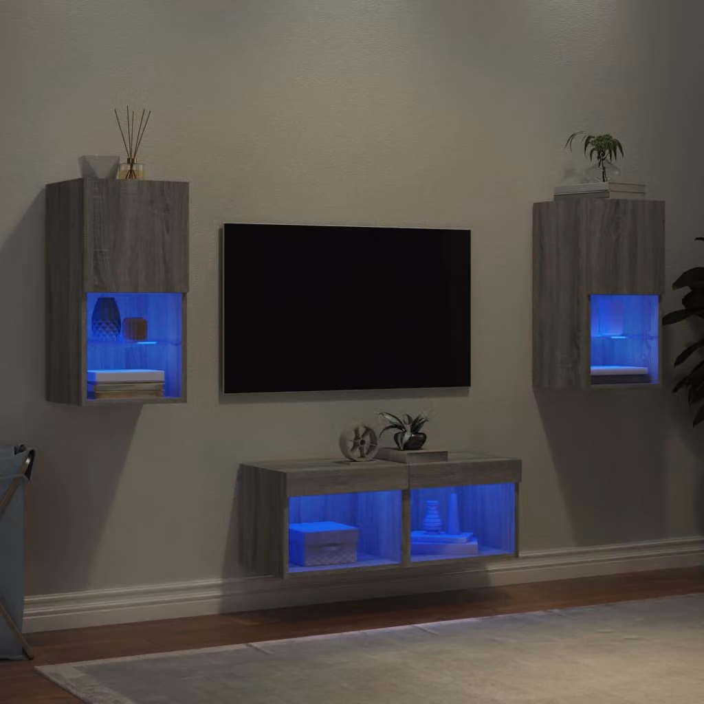 vidaXL Mobile TV a muro moderno in 4 pezzi con luci LED integrate, Grigio, L: 40 cm, P: 30 cm, H: 30 cm – 1