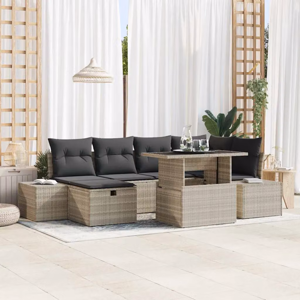 Set Divano da Giardino vidaXL 7 Pezzi in Polyrattan Grigio con Cuscini e Tavolino – 1