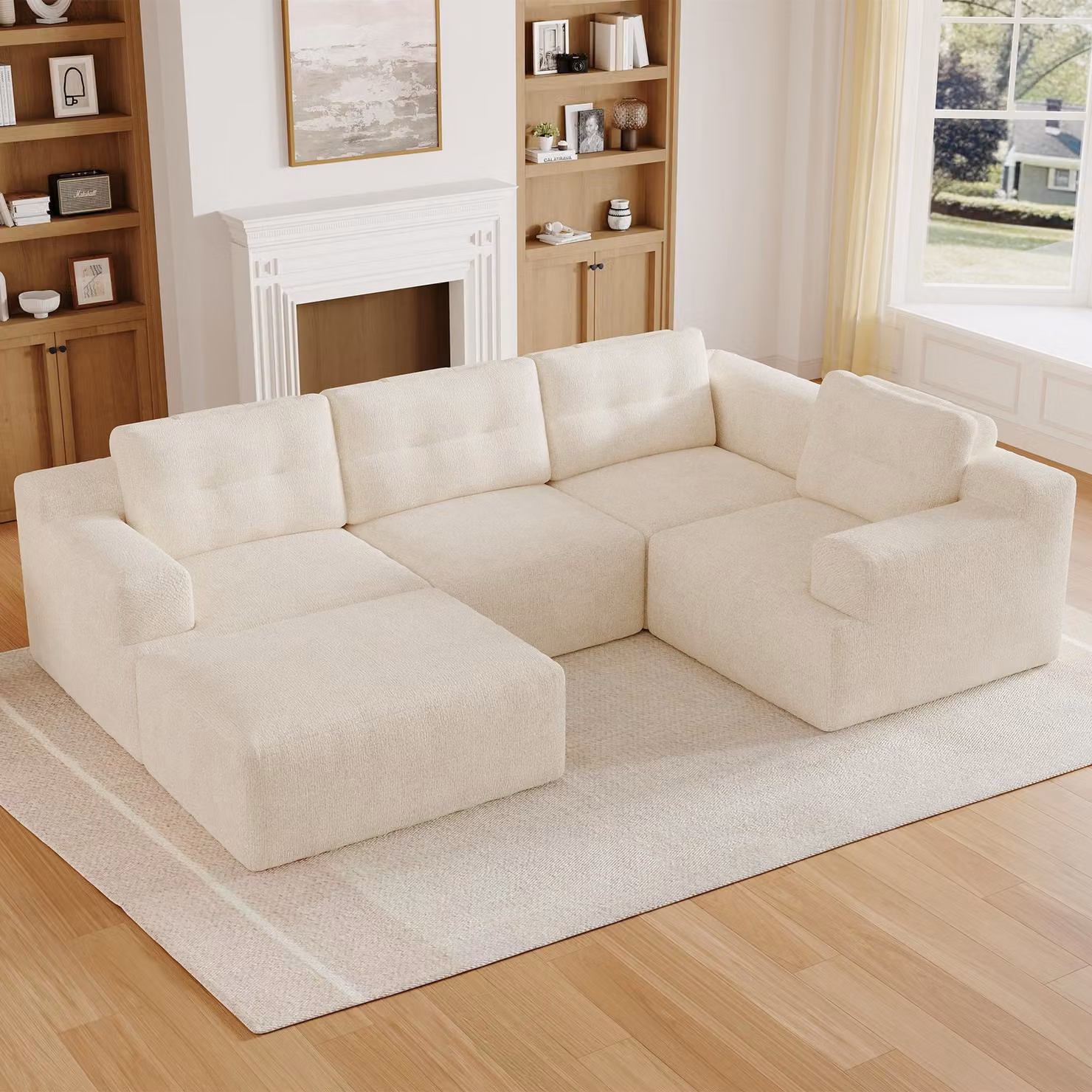 Divano modulare okwish con braccioli e schienale, divano per soggiorno flessibile, trasformabile in forma a L o a U, in velluto, divano angolare color beige