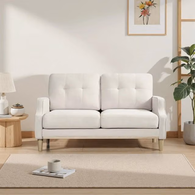 Divano 2 posti Minimal in tessuto beige o bianco con gambe in legno e porta USB