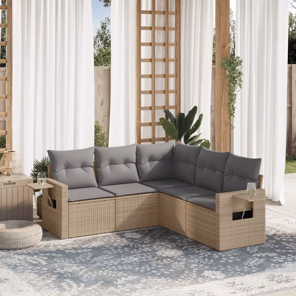vidaXL Set Divano da Giardino 5 pz a L in Polyrattan Beige con Cuscini e Tavolino – 1