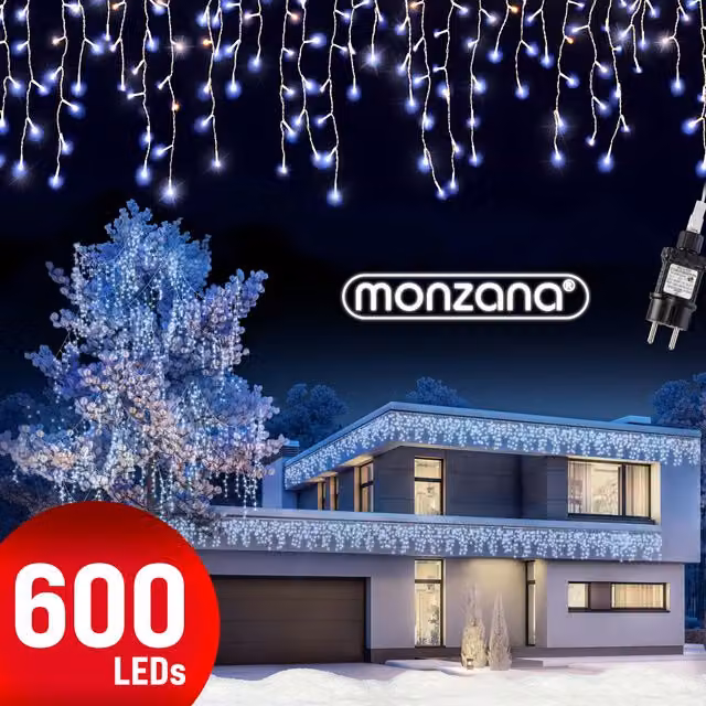 Luci di Natale a Tenda Monzana con 600 LED Colore Bianco Freddo, Lunghezza 20 m