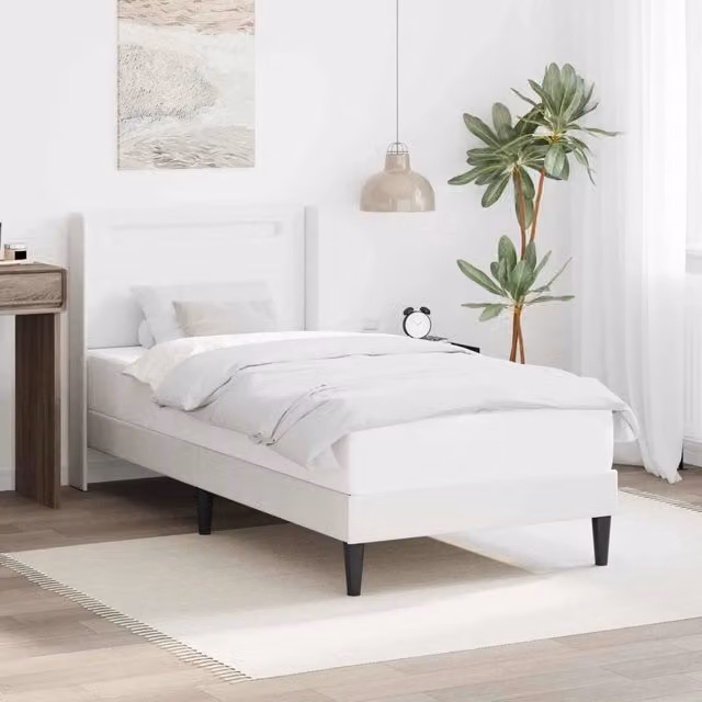 Letto moderno con testiera e giroletto in similpelle bianco e multicolore con illuminazione sottostante e porta USB, L/P/H: 80 x 200 x 103 cm