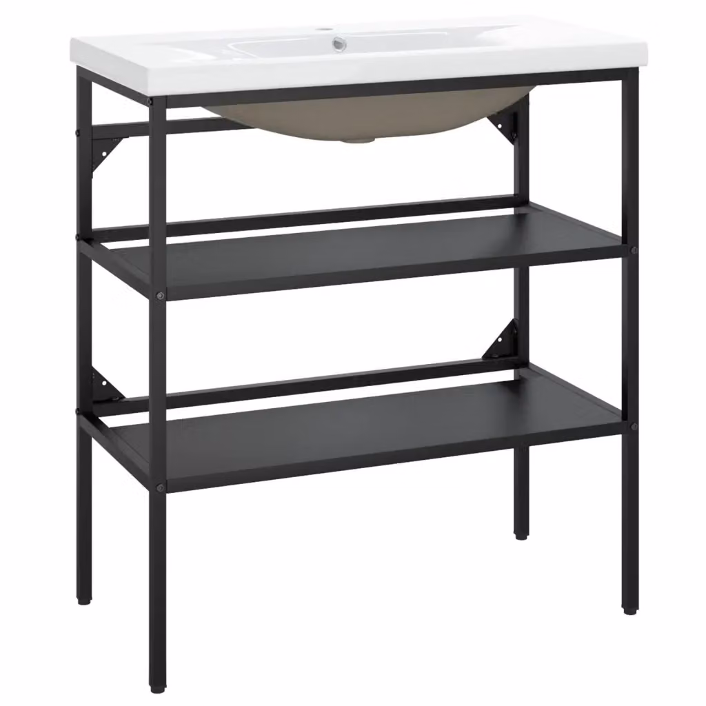 Lavabo da Bagno Moderno vidaXL in Metallo e Ceramica Nero e Bianco L/P/H: 83 x 38 x 81 cm – 2
