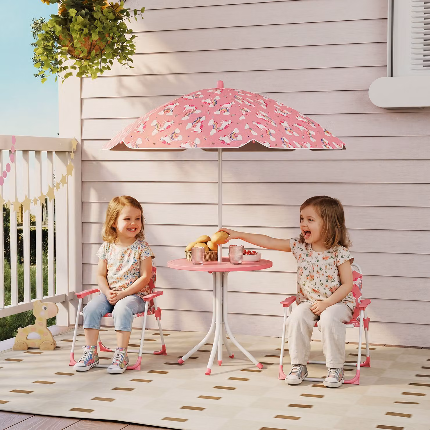 Set da Giardino per Bambini AIYAPLAY a Tema Giungla con Tavolino Rotondo, Ombrellone e 2 Sedie Pieghevoli, Rosa – 2