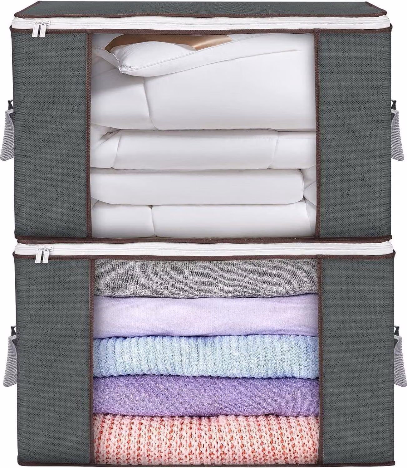 Confezione da 2 scatole pieghevoli da 90 litri con coperchio per vestiti e biancheria da letto grigio