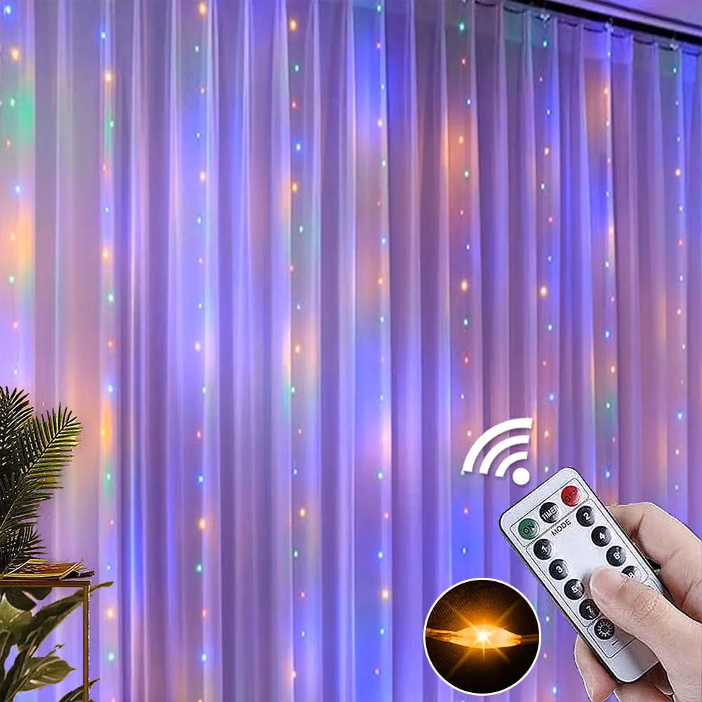 3x2M 200LEDs LED fata luci tenda colorata con 8 modalità e timer festa interna giardino finestra parete decorazione di Natale luci tenda in PVC