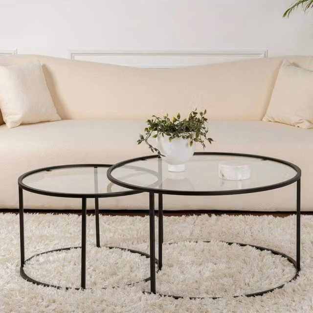 Set di 2 tavolini da salotto Aedion moderni in vetro nero e trasparente, L/P/H: 80 x 80 x 43 cm