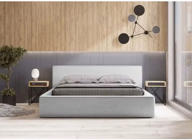 Letto contenitore VELORA Meublorama in tessuto bouclé bianco, L/P: 140 x 200 cm, con rete sollevabile e contenitore integrato