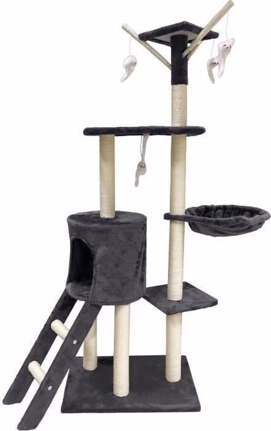 Albero per gatti grigio scuro 79 x 34 x 138 cm con 3 piattaforme, 1 posatoio, 1 nascondiglio e 1 scala