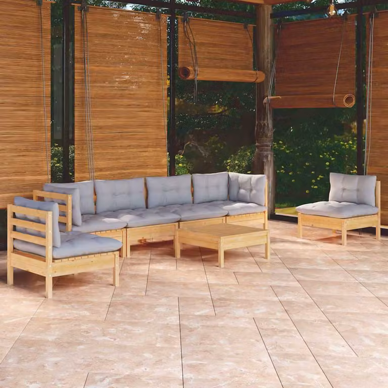 Set di divani da giardino vidaXL a forma di L in legno di pino con 7 pezzi e cuscini grigi