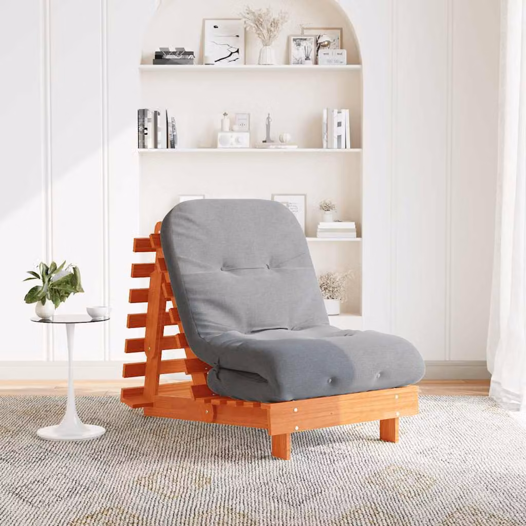 vidaXL Divano Letto Futon in Legno di Pino con Materasso in Schiuma, Marrone Cera, L 206 x P 70 x H 11 cm – 1