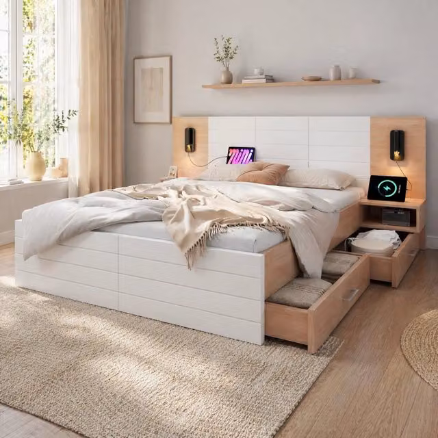 Letto matrimoniale 160x200 cm con 2 cassetti; luce da lettura e ricarica USB; bianco e rovere