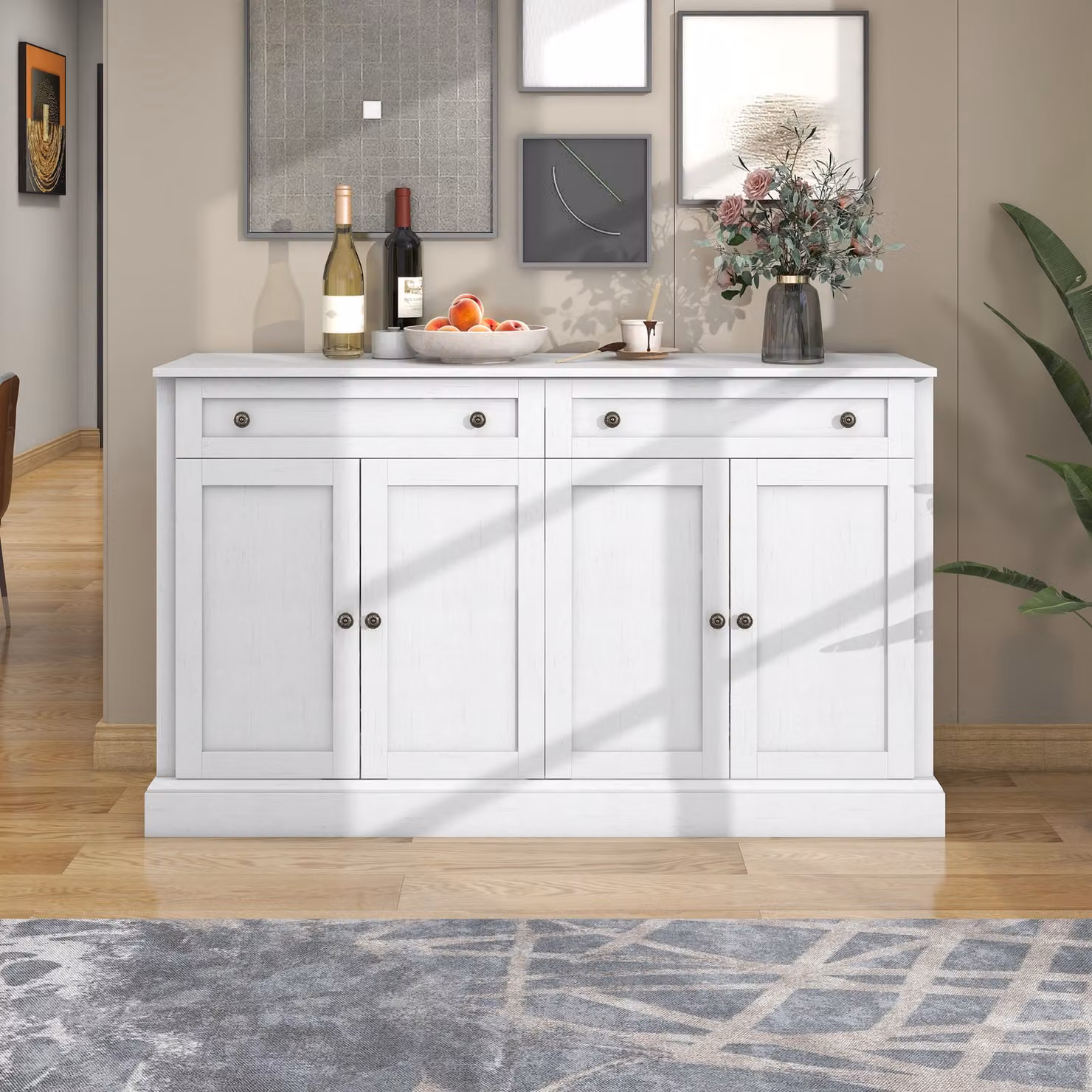 Flieks credenza a cassettiera con 2 cassetti e 4 ante con ripiani regolabili, armadietti per il soggiorno mobile buffet con maniglia, 150x40x86cm, bianco