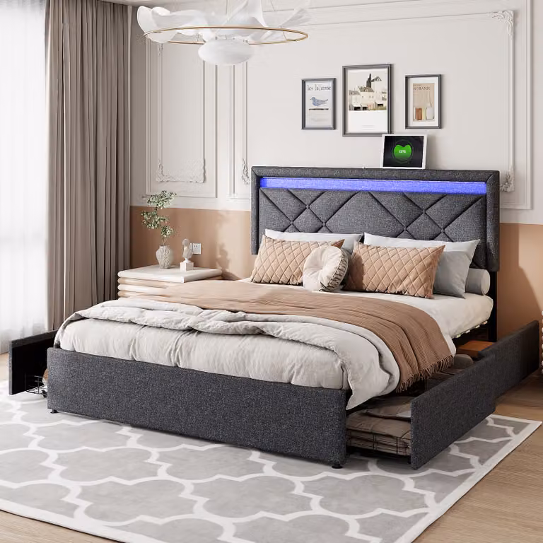 Letto matrimoniale 160x200 cm, LED, USB tipo C, 4 cassetti, rete a doghe, lino grigio scuro