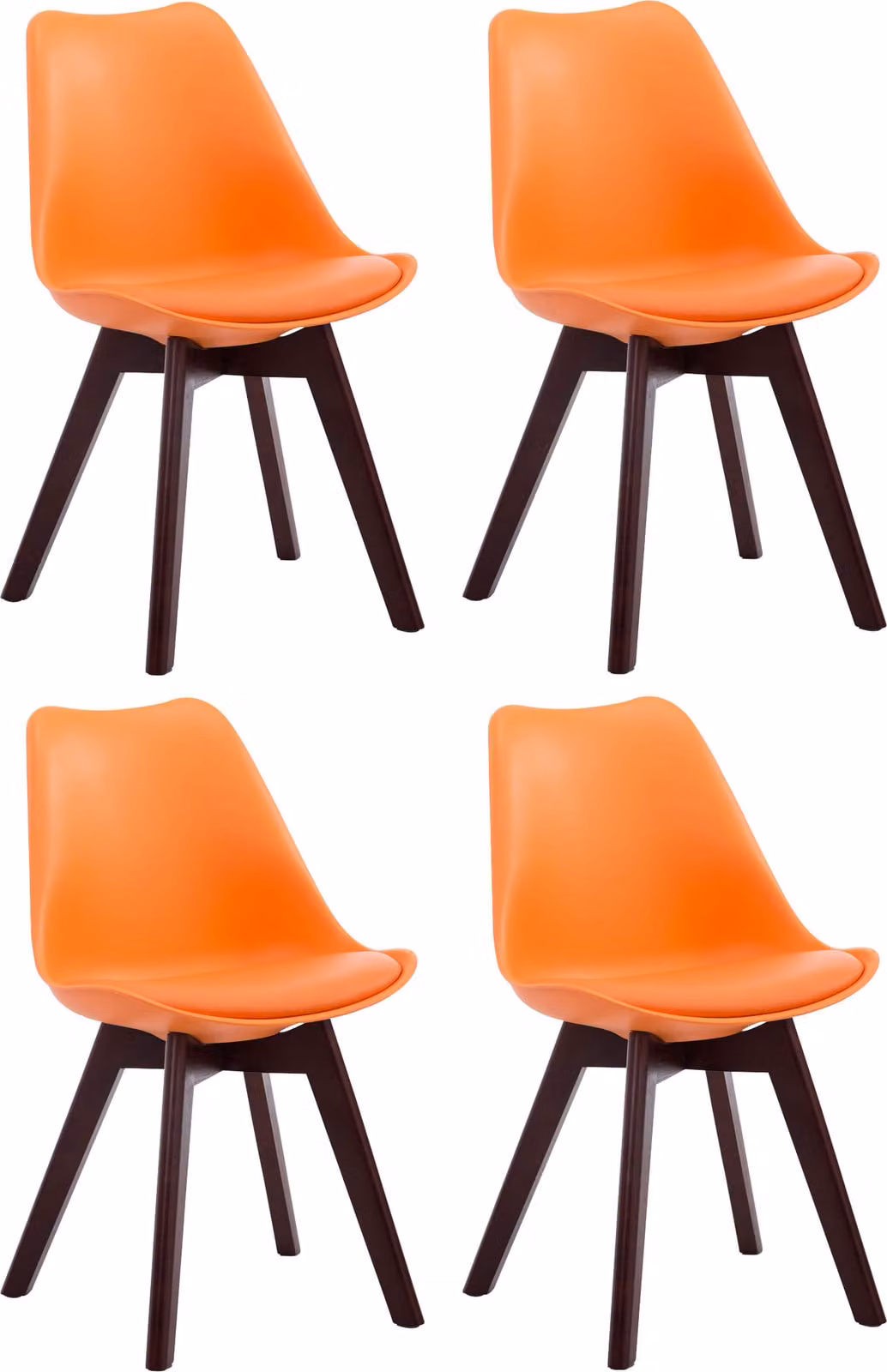 CLP: Set di 4 sedie per ospiti modello Borneo, rivestite in ecopelle, con seduta in plastica. Colore: arancione. Struttura: noce