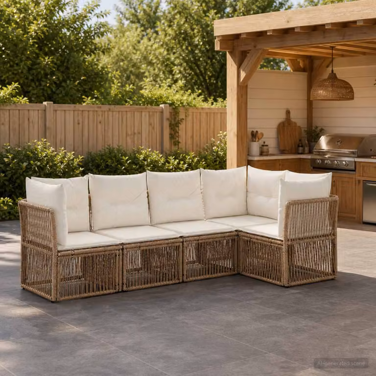 Set Divano da Giardino vidaXL 5 pz a Forma a L Beige con Cuscini e Struttura in Metallo e Polyrattan